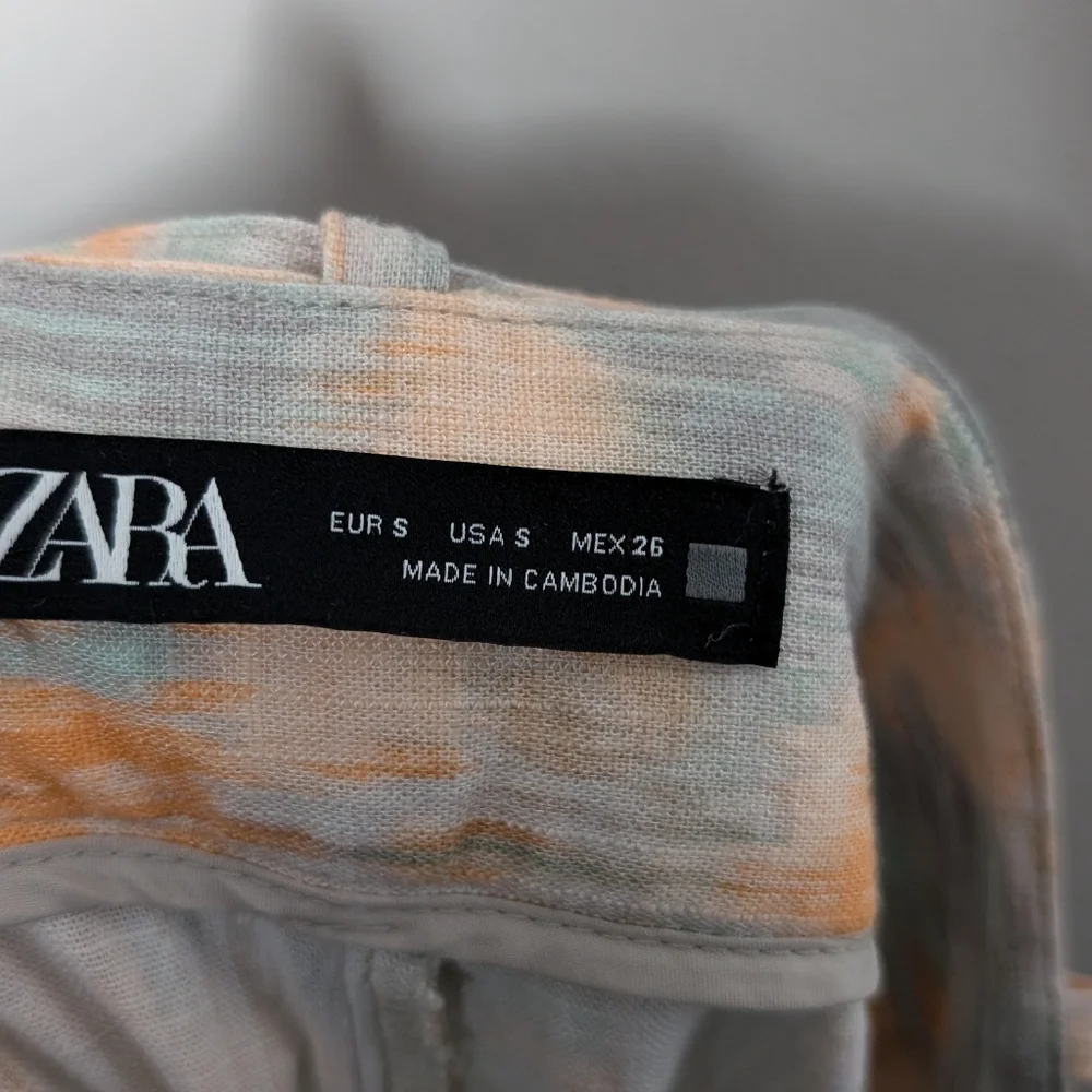 Zara Pants Wide Leg Linen Gray Orange Beachy Flowy Belted Sz S